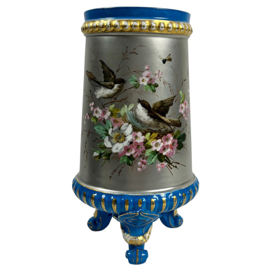 Antique Hand-Painted Bird & Floral Porcelain Vase |⋆˙⟡| Blue & Gold Footed Vase