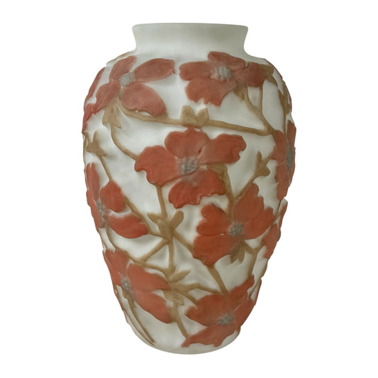 Antique 1920s Consolidated Glass Dogwood Vase |⋆˙⟡| Original Label, Coral Pink Martele Art Glass