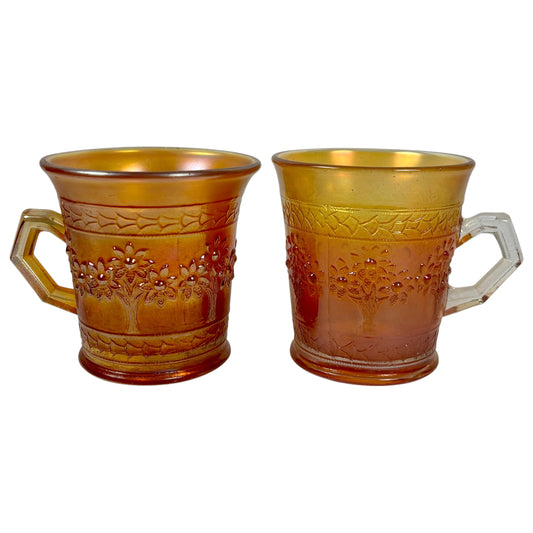 Antique Fenton Orange Tree |⋆˙⟡|Marigold Carnival Glass Mugs Pair, c. 1911–1920s