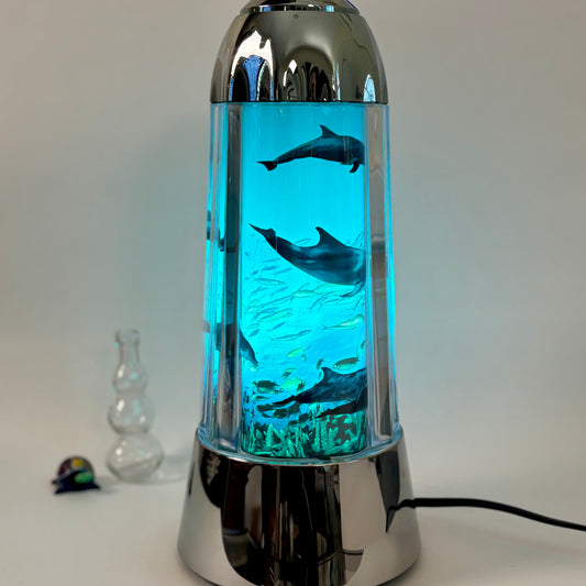 1994 Rabbit Tanaka Dolphin Motion Lamp / Rotating Ocean Scene Light |⋆˙⟡ | Blue & Chrome Retro Desktop Lamp