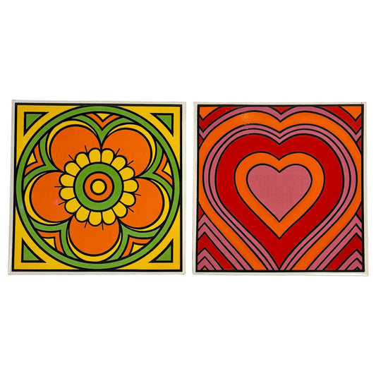 Vintage Mod Floral & Heart Tile Wall Art Set |⋆˙⟡ | Retro 70s Pop Art Ceramic Tiles, Set of 2