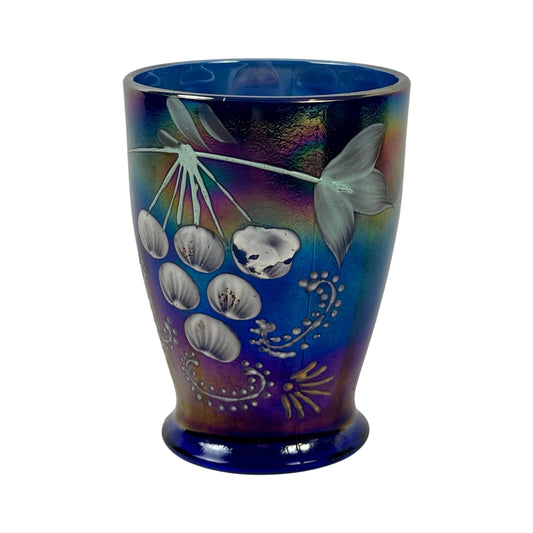 Antique Northwood Blue Carnival Glass Enameled Ground Cherries Tumbler |⋆˙⟡| c. 1910s