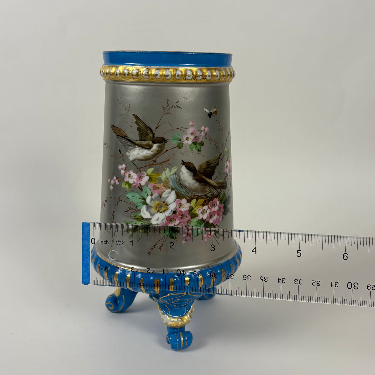 Antique Hand-Painted Bird & Floral Porcelain Vase |⋆˙⟡| Blue & Gold Footed Vase