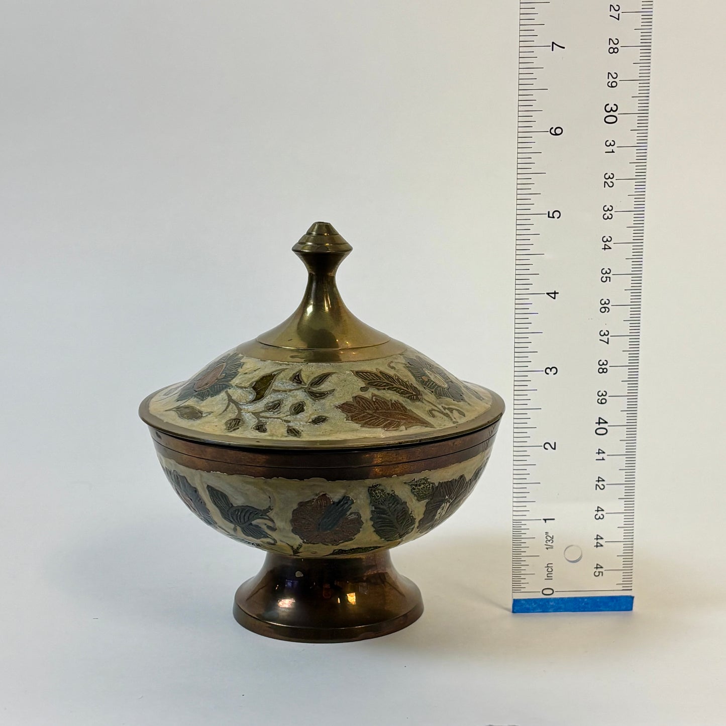 Vintage Floral Brass Tone Pedestal Trinket Dish with Lid |⋆˙⟡ | Made in India