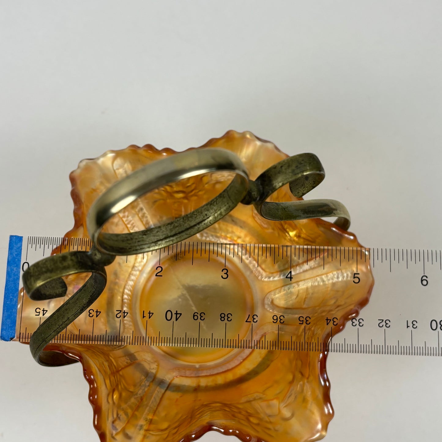 Antique Fenton Sailboats Marigold Carnival Glass Bowl |⋆˙⟡| with Brass Stand, c. Early 1900s