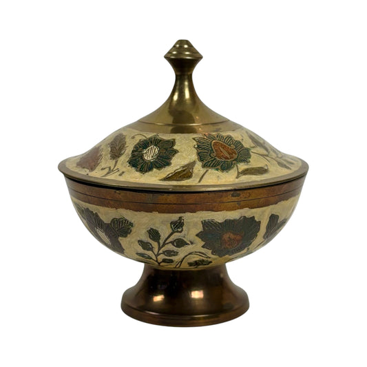 Vintage Floral Brass Tone Pedestal Trinket Dish with Lid |⋆˙⟡ | Made in India