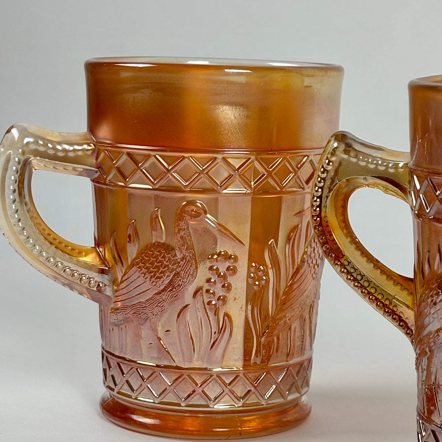 Antique Dugan Stork & Rushes Carnival Glass Mugs – Set of 4 |⋆˙⟡| Circa 1910