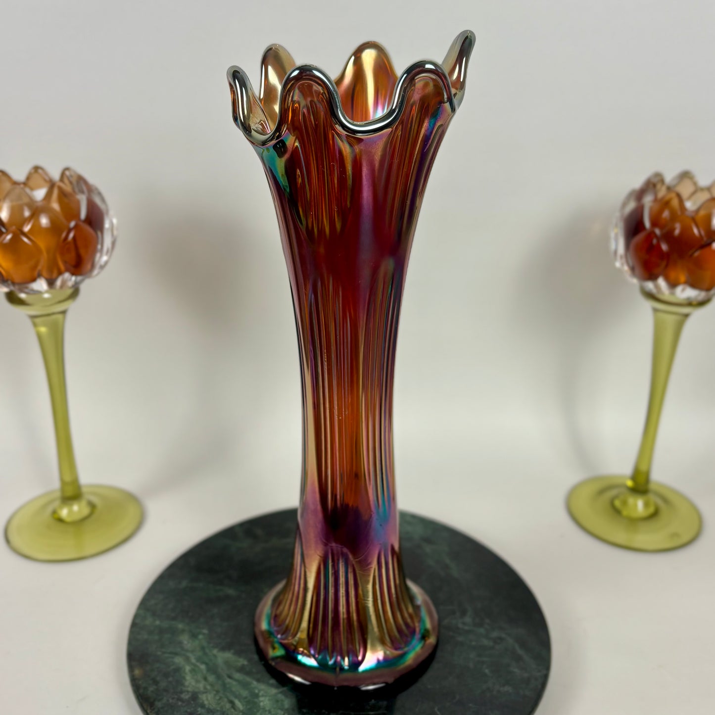 Fenton Amethyst Diamond & Rib Pattern Swung Glass Vase |⋆˙⟡| Iridescent Ribbed Art Glass, Early 20th Century