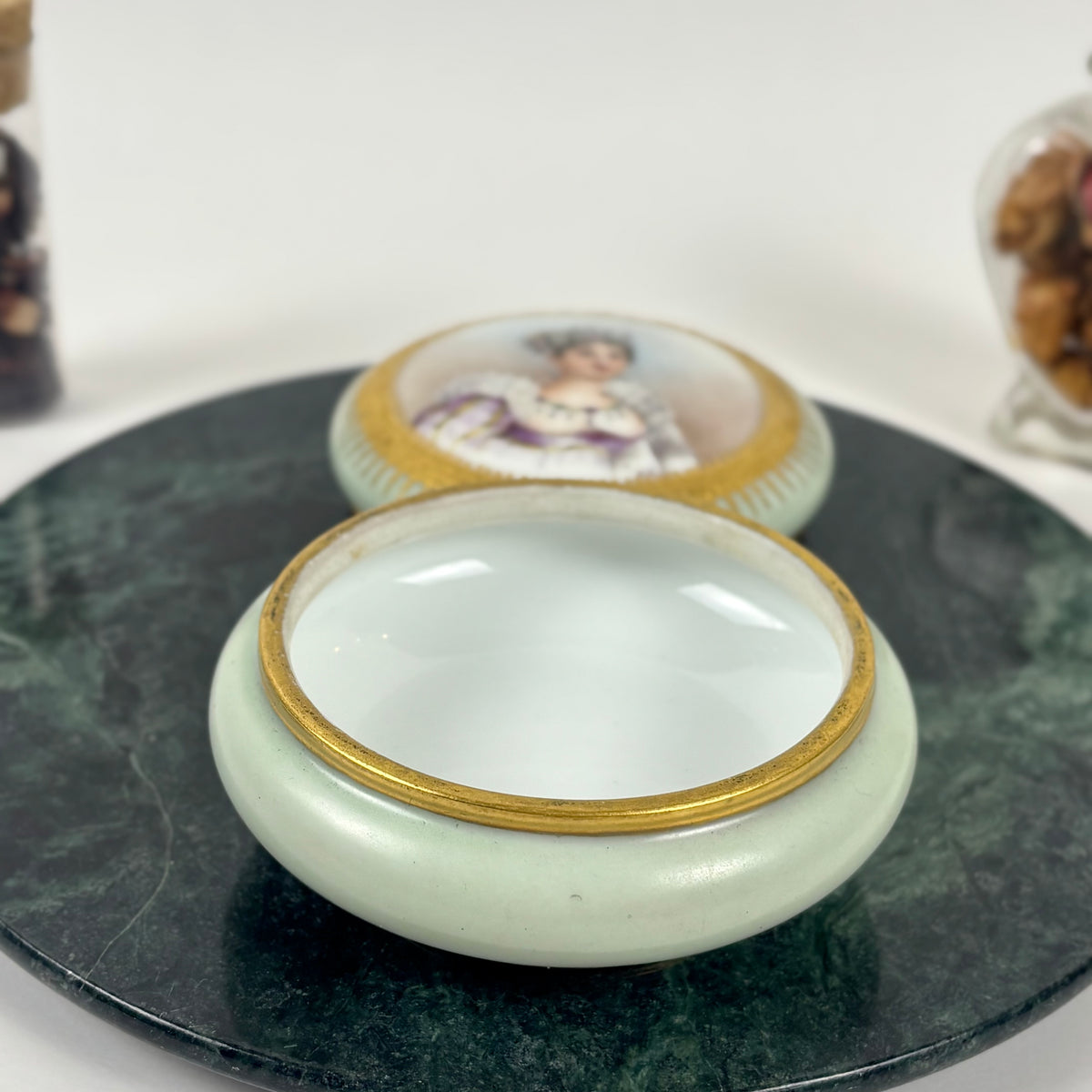 Antique Hand Painted Porcelain Portrait |⋆˙⟡| Trinket Box with Gold Gilt