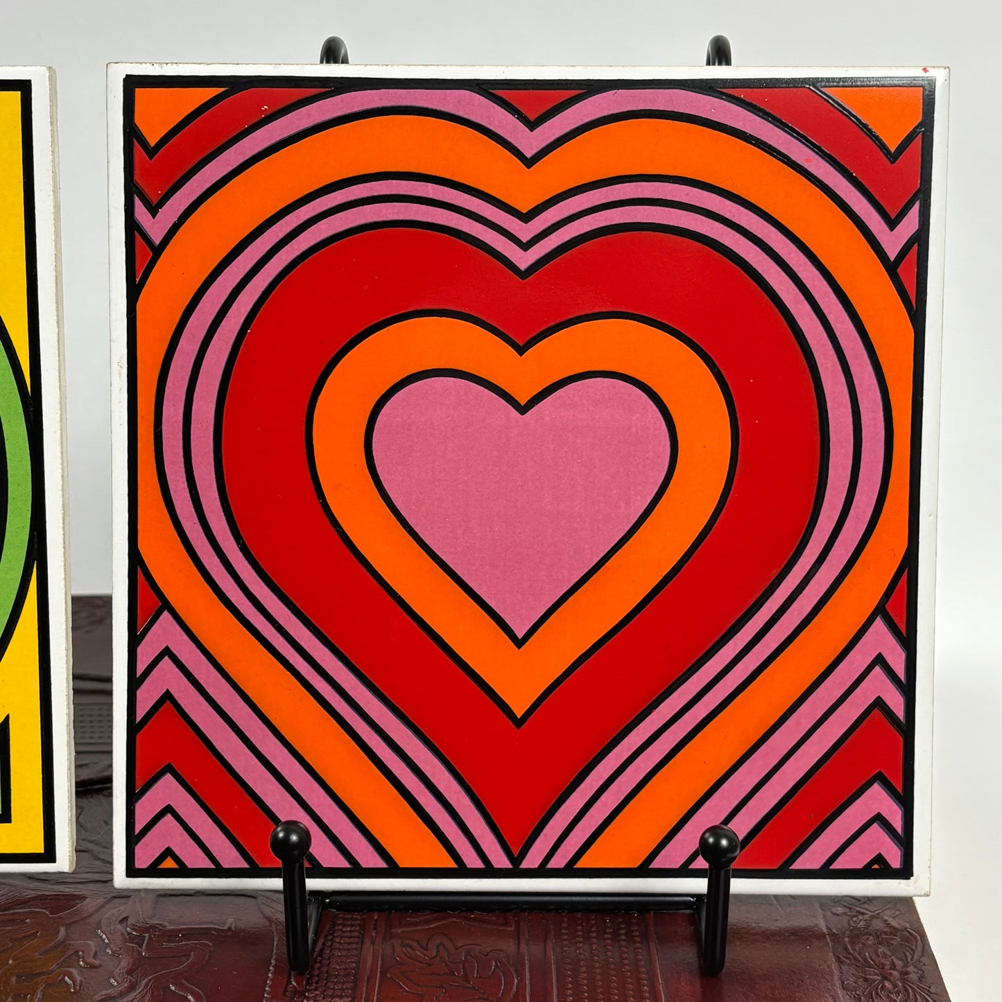 Vintage Mod Floral & Heart Tile Wall Art Set |⋆˙⟡ | Retro 70s Pop Art Ceramic Tiles, Set of 2