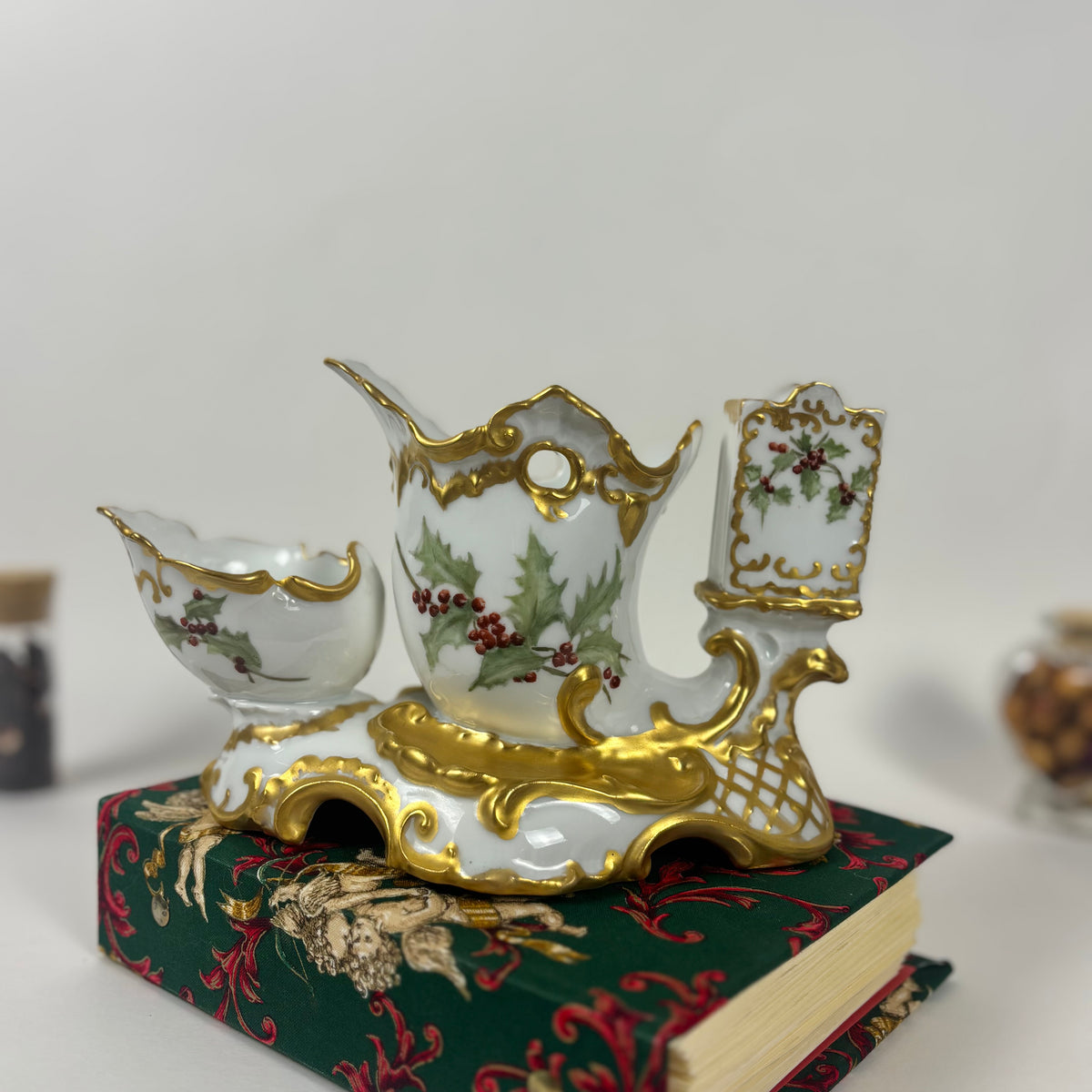 Antique Porcelain Holly Berry Desk Set |⋆˙⟡| Gold Gilt French Porcelain