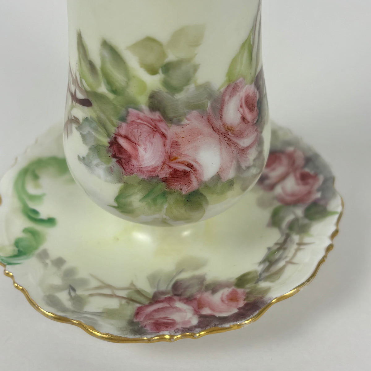 Antique Hand Painted Porcelain Hatpin Holder, Flower Frog |⋆˙⟡| Pink Roses & Gold