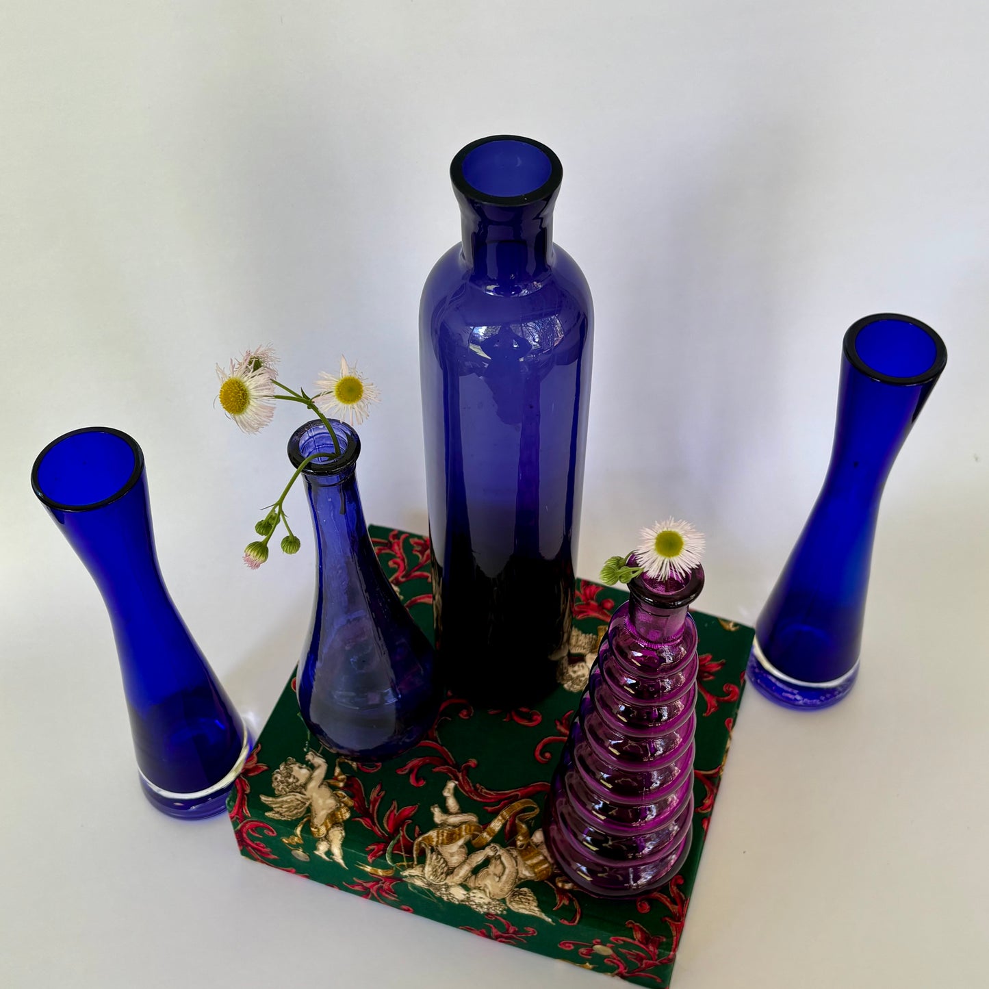 Vintage Cobalt Blue & Magenta Art Glass Bottle Vase Collection |⋆˙⟡ | Mid Century / Boho Eclectic Decor Set of 5