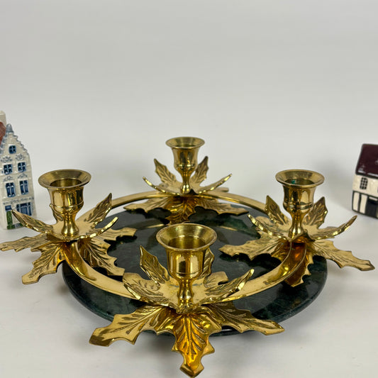 Vintage Hosley Solid Brass Leaf Wreath |⋆˙⟡| 4-Light Taper Candle Holder
