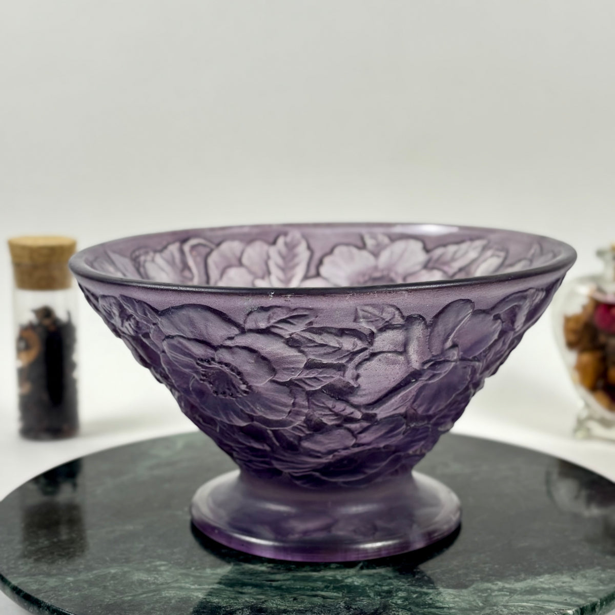 Vintage Consolidated Glass Co. Purple Wash Martelé |⋆˙⟡| Floral Design Footed Bowl, C. 1920s
