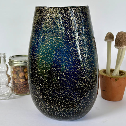 Vintage Hand-Blown Navy Blue & Gold Flake Glass Vase |⋆˙⟡ |
