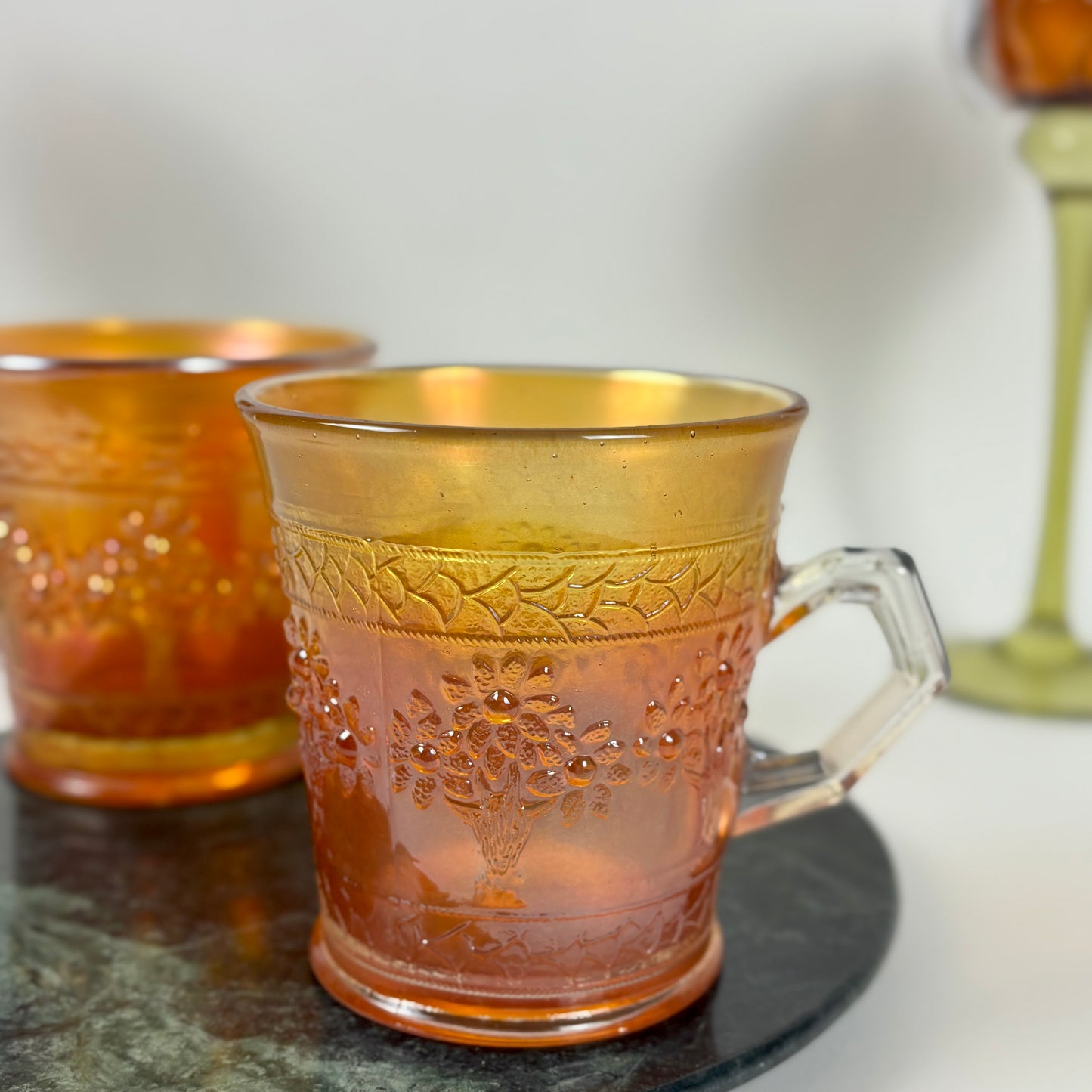 Antique Fenton Orange Tree |⋆˙⟡|Marigold Carnival Glass Mugs Pair, c. 1911–1920s