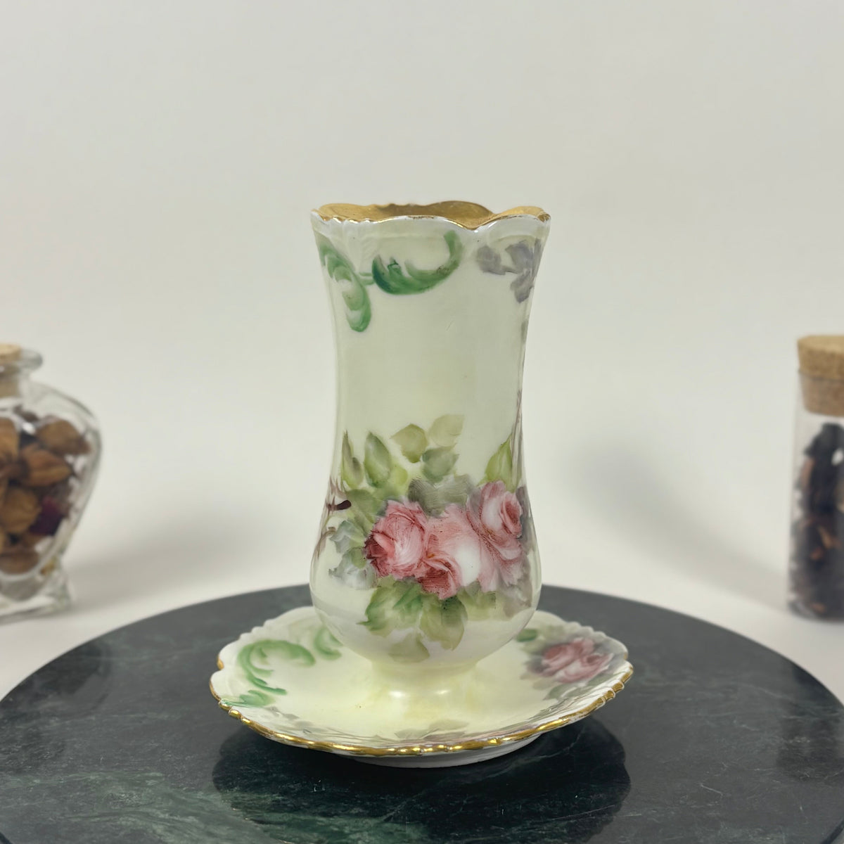 Antique Hand Painted Porcelain Hatpin Holder, Flower Frog |⋆˙⟡| Pink Roses & Gold