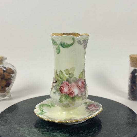 Antique Hand Painted Porcelain Hatpin Holder, Flower Frog |⋆˙⟡| Pink Roses & Gold