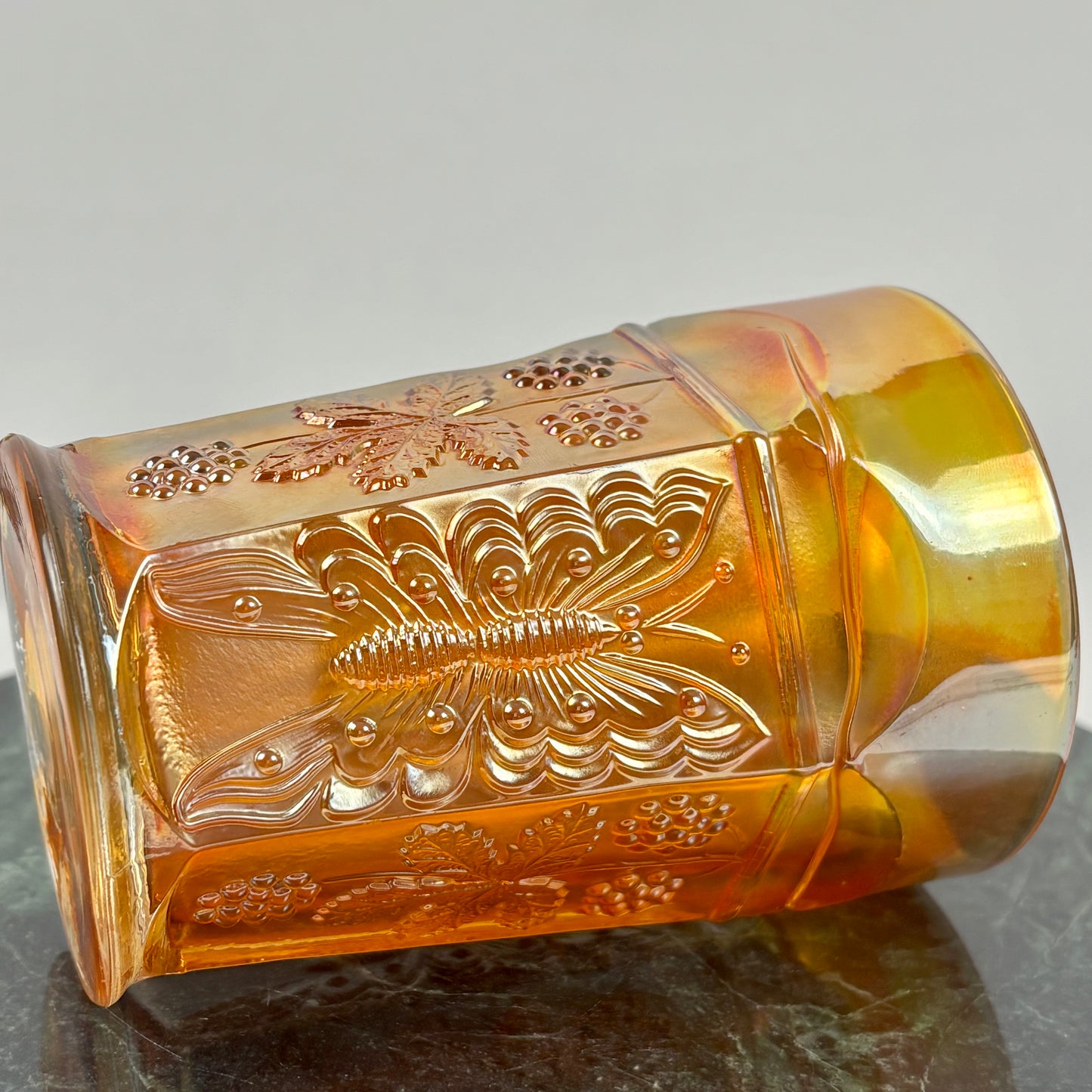 Antique Fenton Butterfly & Berry Marigold Carnival Glass Juice Tumbler |⋆˙⟡| c. 1911