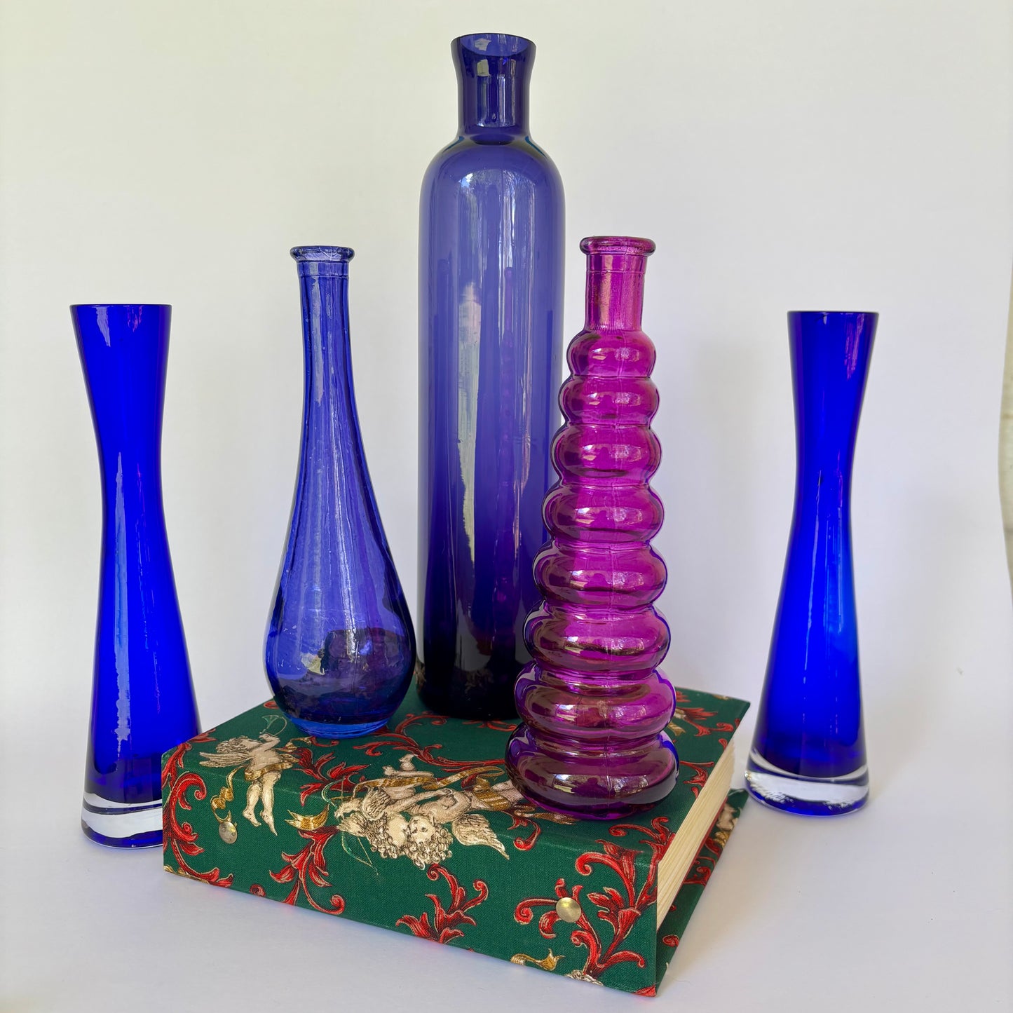 Vintage Cobalt Blue & Magenta Art Glass Bottle Vase Collection |⋆˙⟡ | Mid Century / Boho Eclectic Decor Set of 5