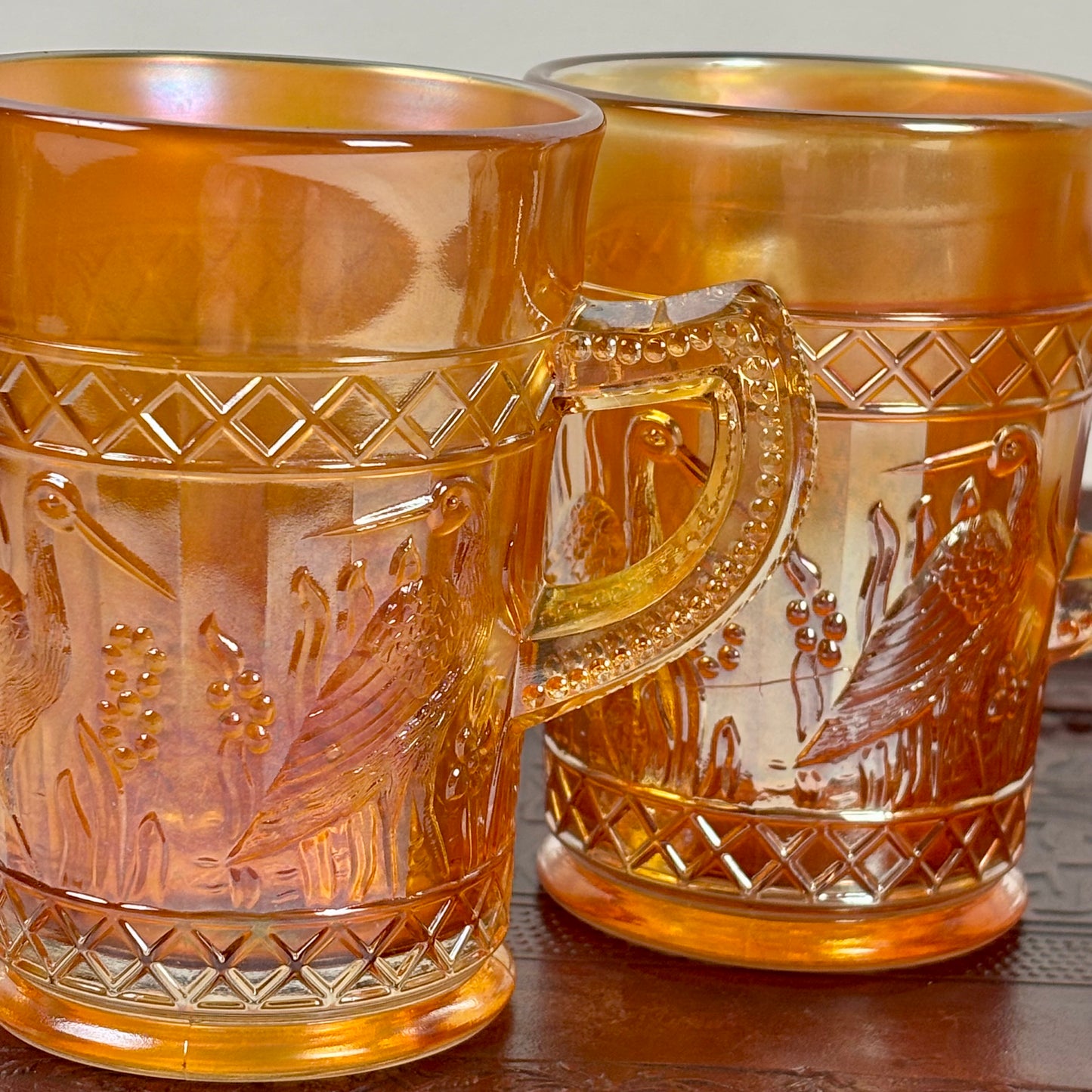 Antique Dugan Stork & Rushes Carnival Glass Mugs – Set of 4 |⋆˙⟡| Circa 1910