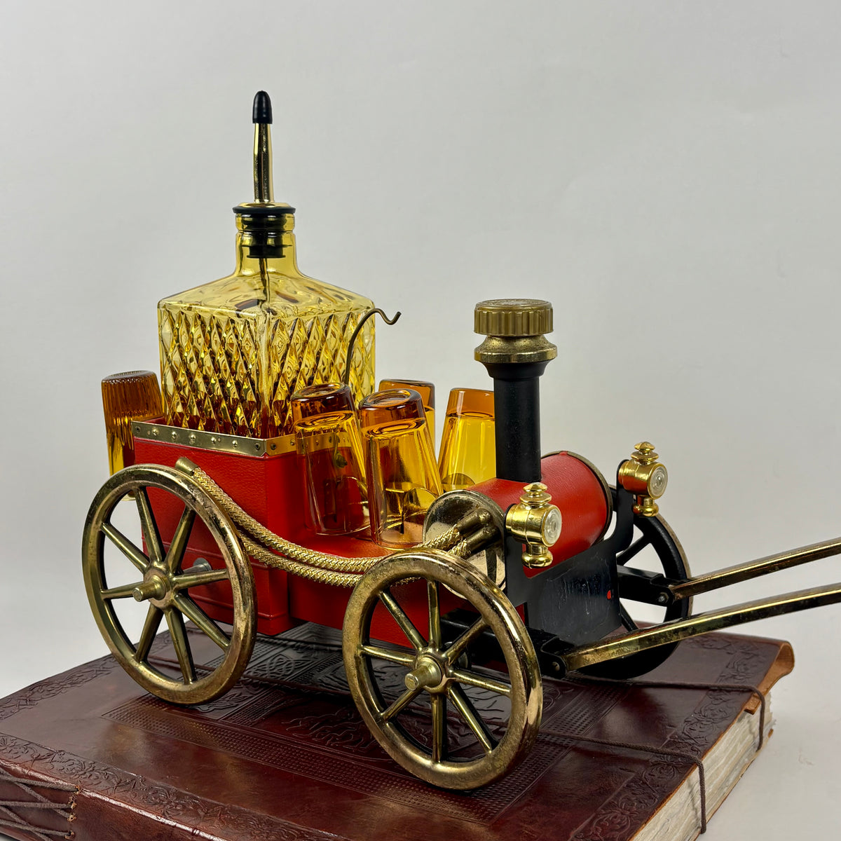 Vintage Japanese Musical Fire Wagon Decanter Set |⋆˙⟡| Amber Glass Barware