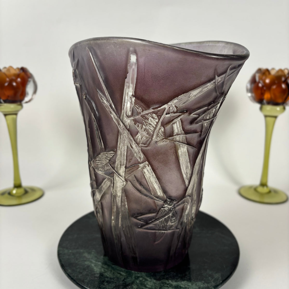Phoenix Glass Co. “Katydid” Purple Flared Vintage Vase |⋆˙⟡| Grasshopper Art Glass, c. 1930s