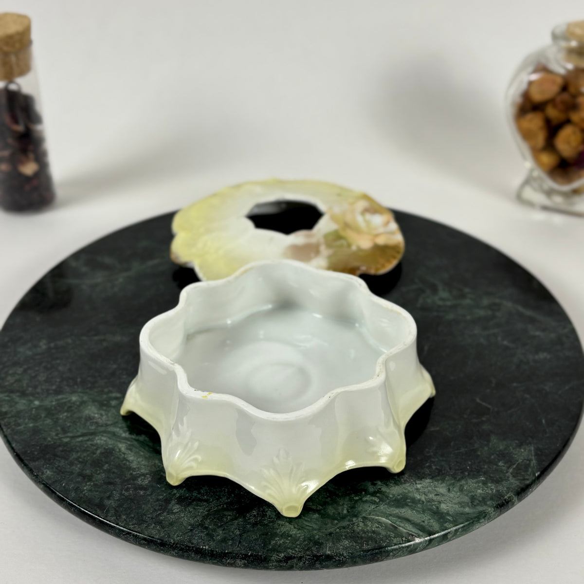 Antique German Porcelain Hair Receiver |⋆˙⟡| Hand Painted Yellow Roses Vanity Dish