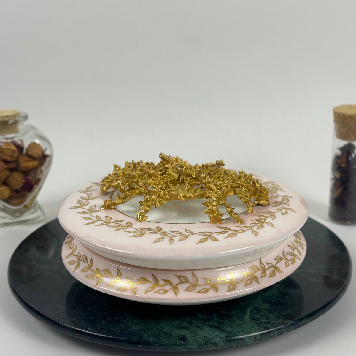 RARE Antique KT&K Lotus Ware |⋆˙⟡| Pink & Gold Porcelain Covered Dresser Box
