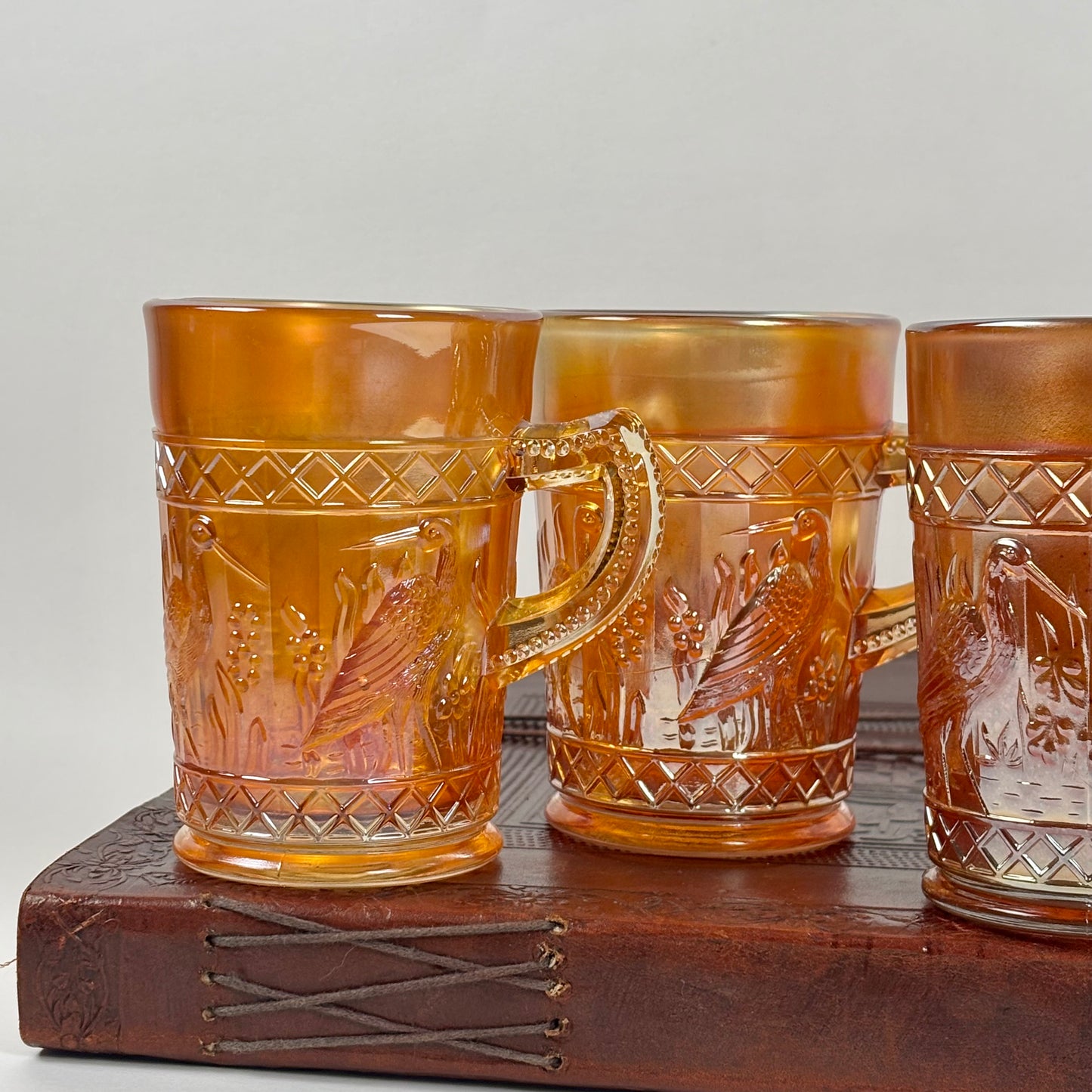 Antique Dugan Stork & Rushes Carnival Glass Mugs – Set of 4 |⋆˙⟡| Circa 1910