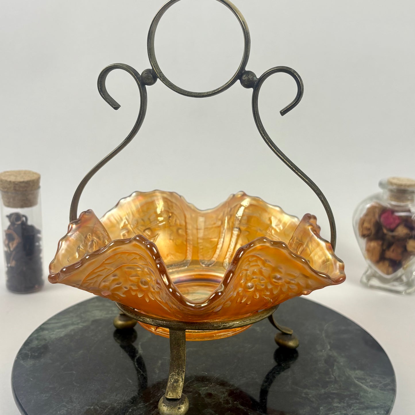 Antique Fenton Sailboats Marigold Carnival Glass Bowl |⋆˙⟡| with Brass Stand, c. Early 1900s