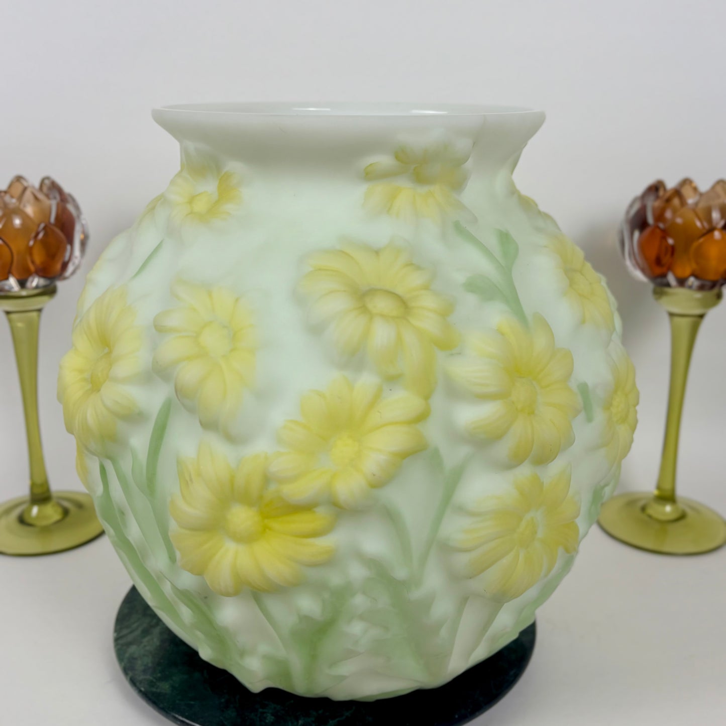 Phoenix Art Glass Yellow Daisy Pattern Vase |⋆˙⟡| Reverse Decorated, c. 1930s–1950s, Sculptured Floral Art Glass