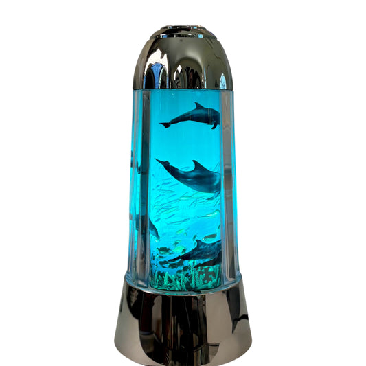 1994 Rabbit Tanaka Dolphin Motion Lamp / Rotating Ocean Scene Light |⋆˙⟡ | Blue & Chrome Retro Desktop Lamp