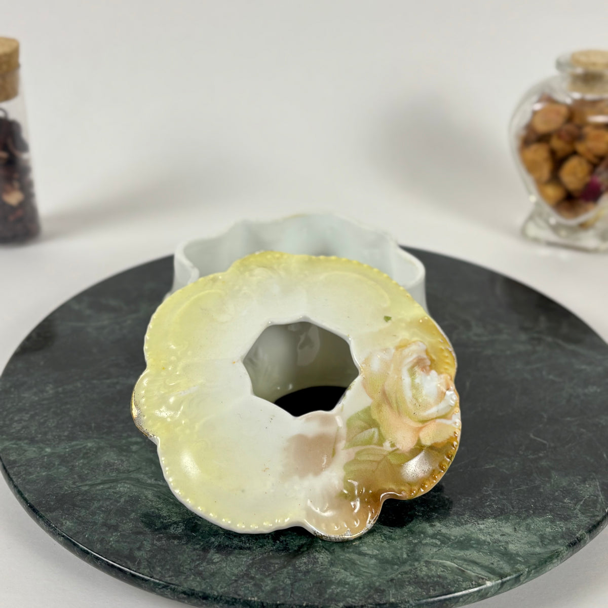 Antique German Porcelain Hair Receiver |⋆˙⟡| Hand Painted Yellow Roses Vanity Dish