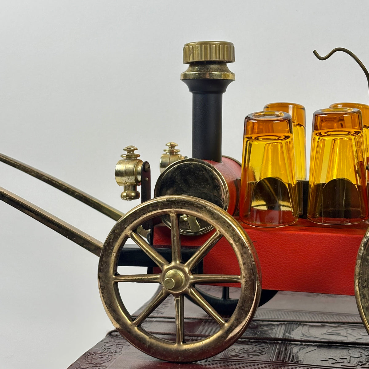 Vintage Japanese Musical Fire Wagon Decanter Set |⋆˙⟡| Amber Glass Barware
