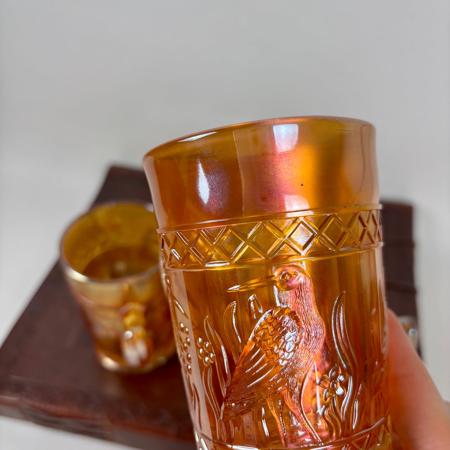 Antique Dugan Stork & Rushes Carnival Glass Mugs – Set of 4 |⋆˙⟡| Circa 1910