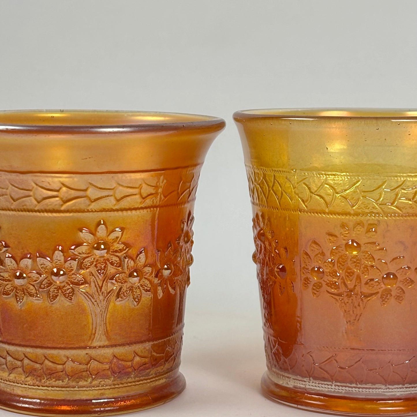 Antique Fenton Orange Tree |⋆˙⟡|Marigold Carnival Glass Mugs Pair, c. 1911–1920s