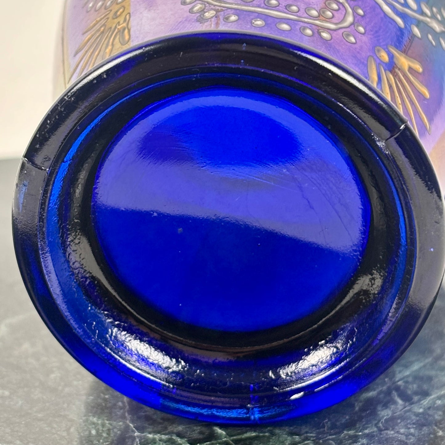 Antique Northwood Blue Carnival Glass Enameled Ground Cherries Tumbler |⋆˙⟡| c. 1910s