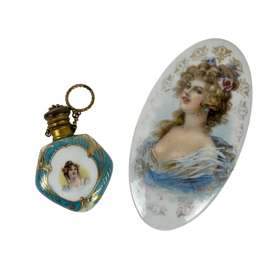 Antique Victorian Lady Portrait Porcelain Trinket Dish & Perfume Bottle Set |⋆˙⟡| Gold Gilt Vanity Decor