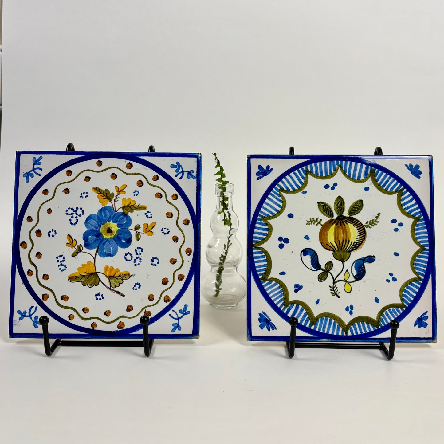Vintage Hand Painted Floral Ceramic Wall Tiles |⋆˙⟡ | Set of 2, Blue & White Folk Art Tiles