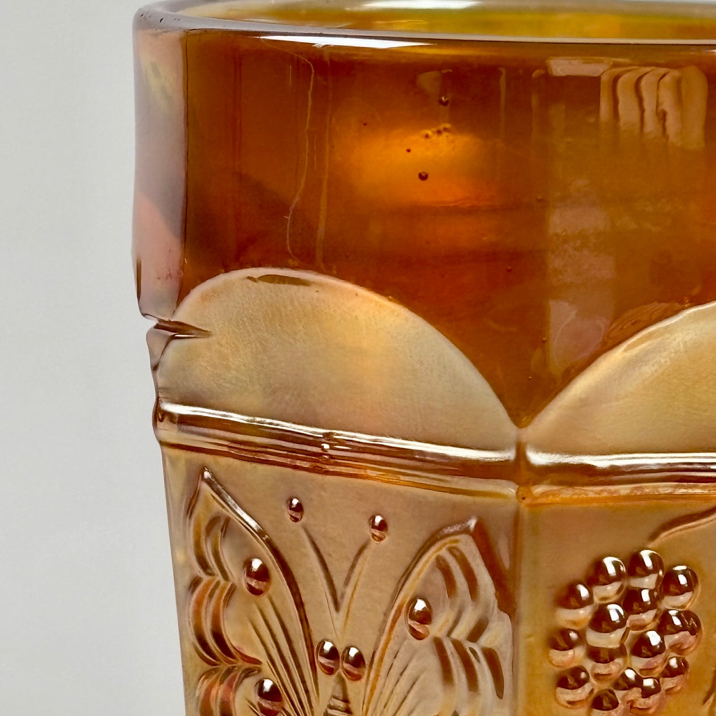 Antique Fenton Butterfly & Berry Marigold Carnival Glass Juice Tumbler |⋆˙⟡| c. 1911
