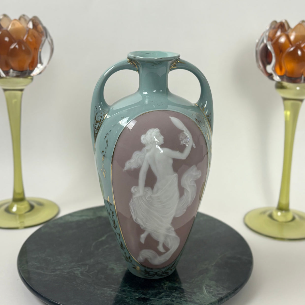 Antique Gebrüder Heubach Porcelain Cameo Vase |⋆˙⟡| Double Handle, Art Nouveau Vase