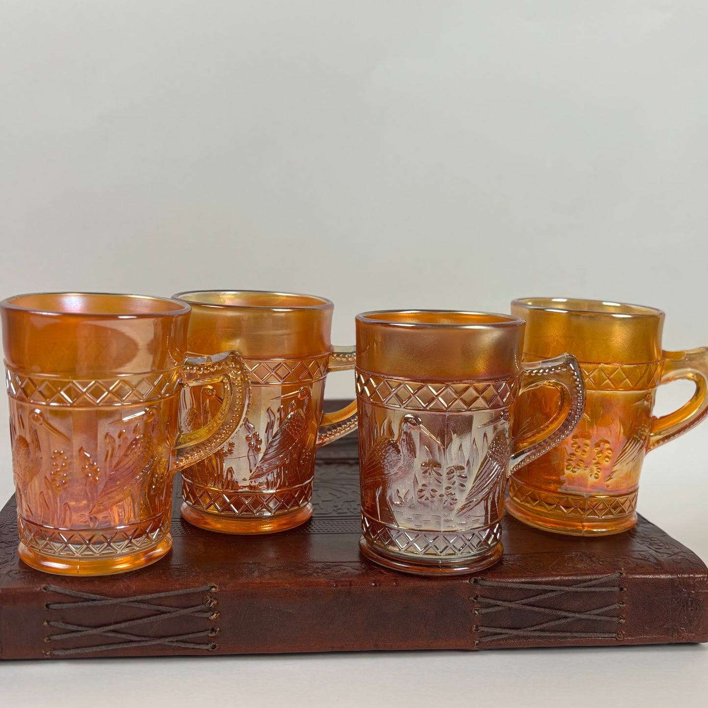 Antique Dugan Stork & Rushes Carnival Glass Mugs – Set of 4 |⋆˙⟡| Circa 1910