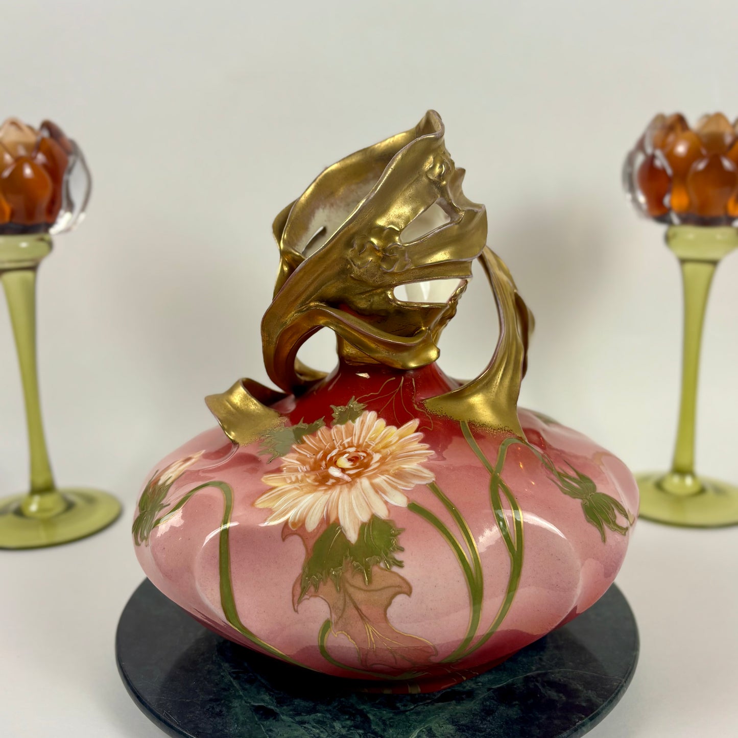Vintage Art Nouveau Hand-Painted Pink Floral |⋆˙⟡| Porcelain Vase with Gilt Handles