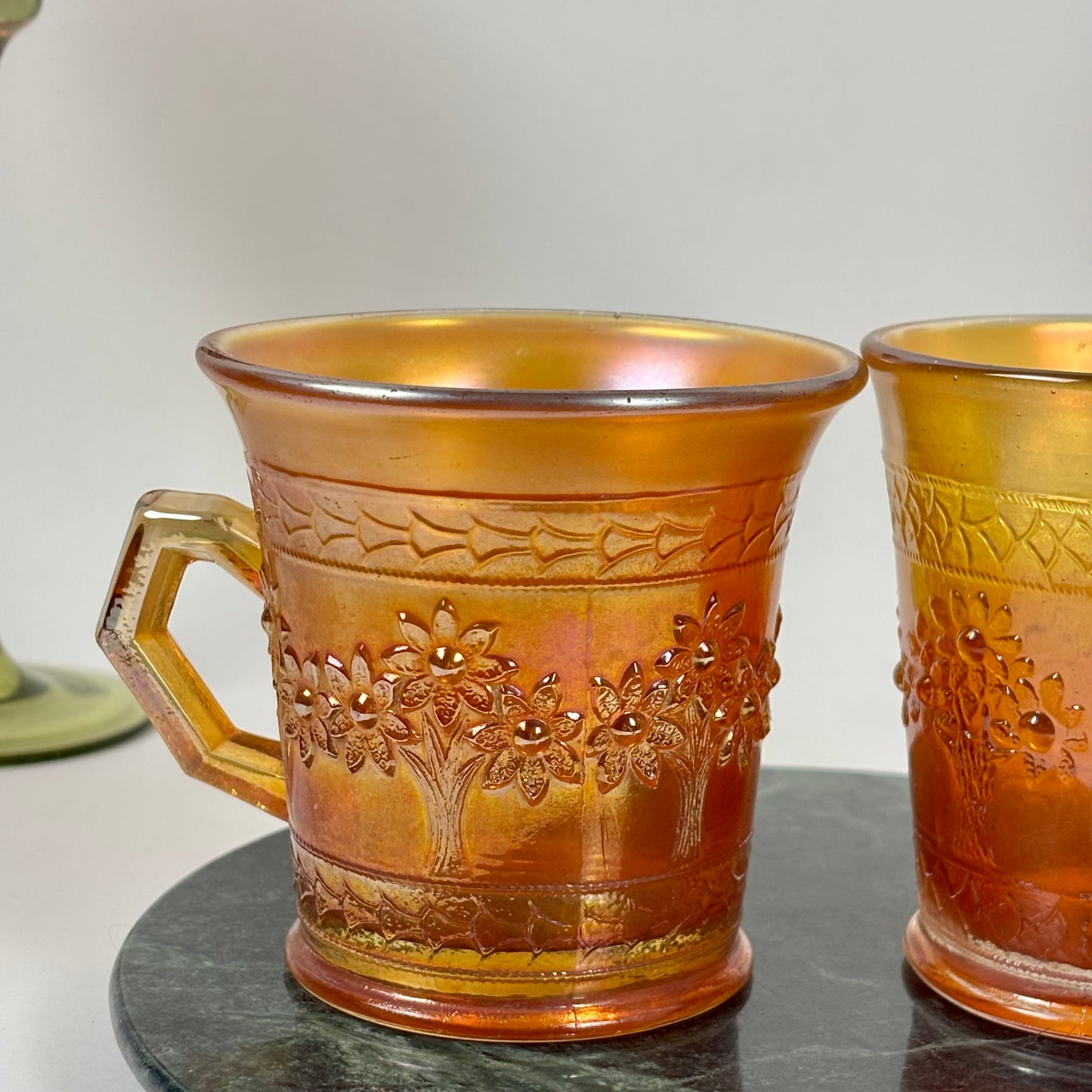 Antique Fenton Orange Tree |⋆˙⟡|Marigold Carnival Glass Mugs Pair, c. 1911–1920s
