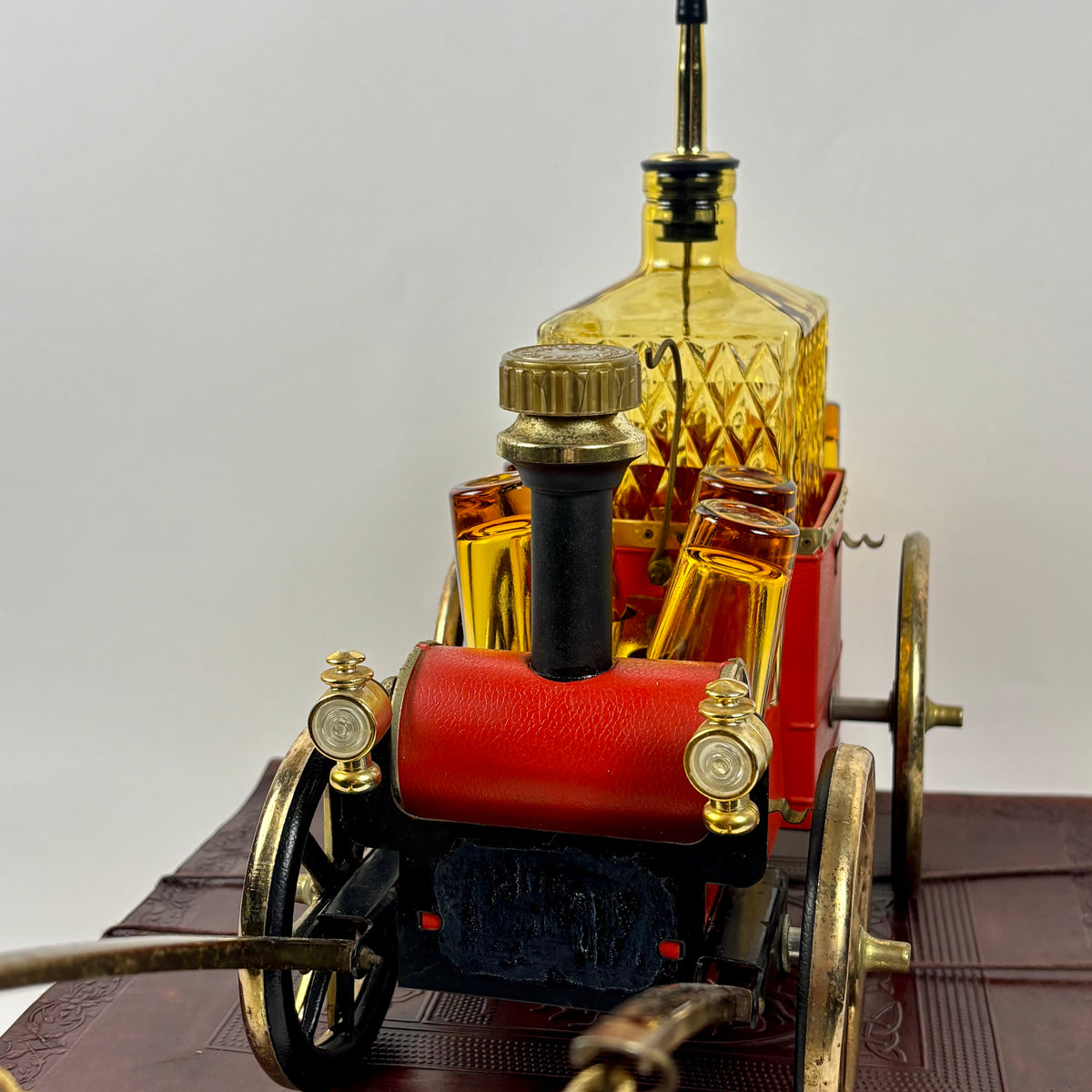Vintage Japanese Musical Fire Wagon Decanter Set |⋆˙⟡| Amber Glass Barware