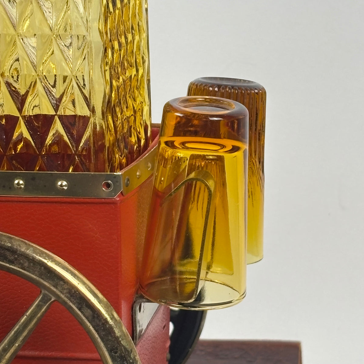 Vintage Japanese Musical Fire Wagon Decanter Set |⋆˙⟡| Amber Glass Barware