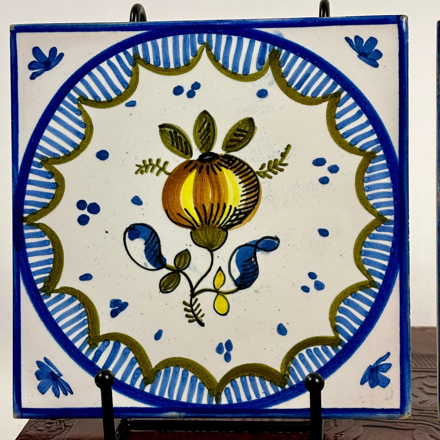 Vintage Hand Painted Floral Ceramic Wall Tiles |⋆˙⟡ | Set of 2, Blue & White Folk Art Tiles