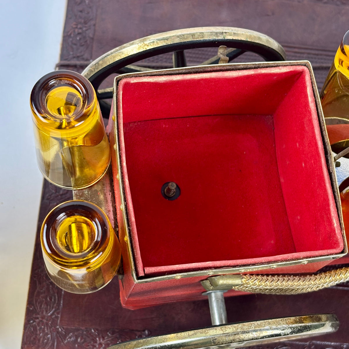 Vintage Japanese Musical Fire Wagon Decanter Set |⋆˙⟡| Amber Glass Barware